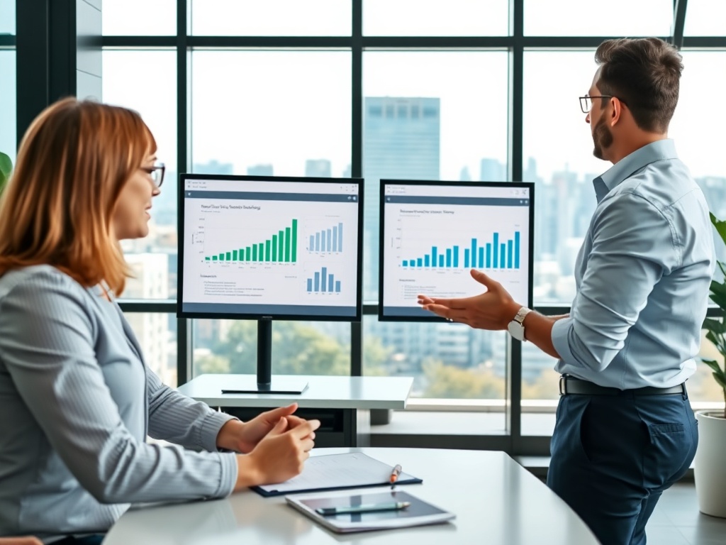Два человека на деловой встрече обсуждают графики и диаграммы на экранах компьютеров в офисе.