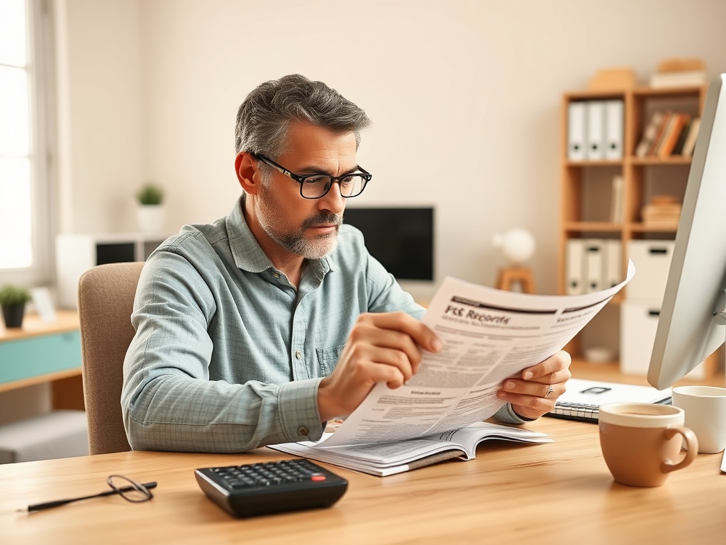 Мужчина читает документы в уютном офисе с чашкой кофе и калькулятором на столе.