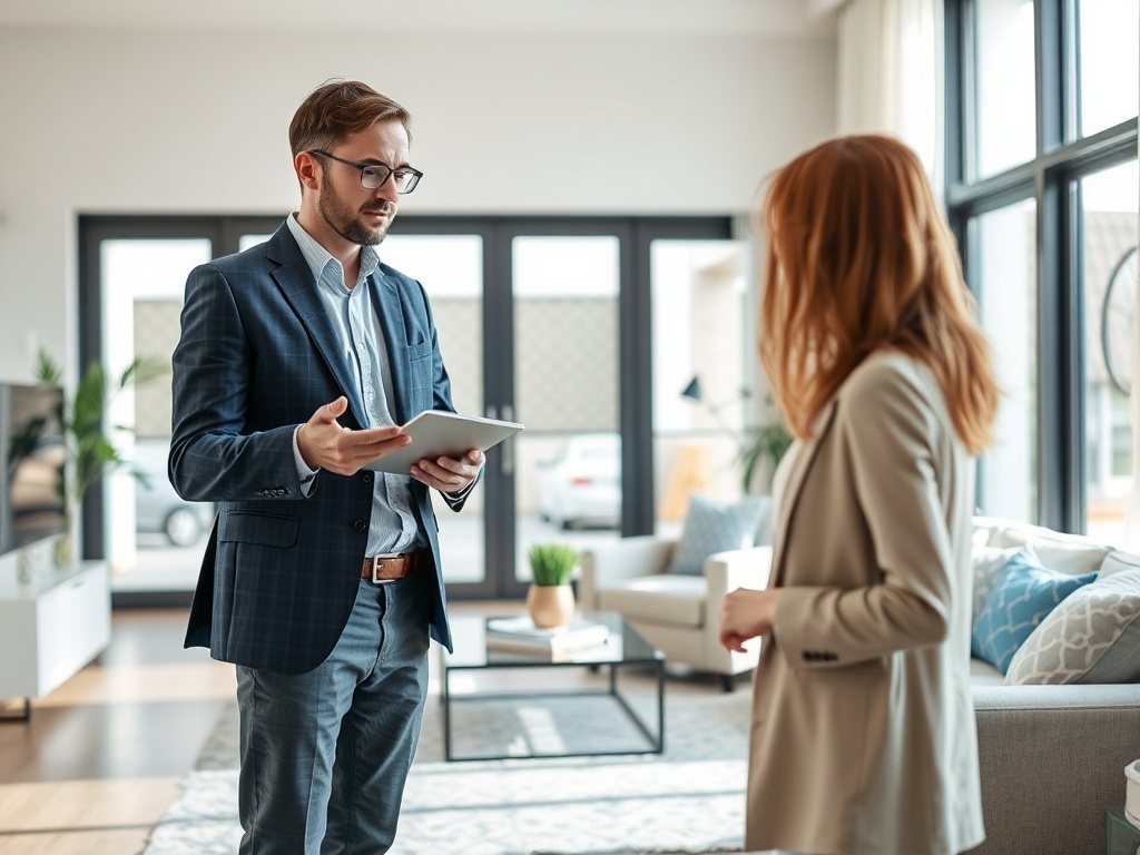Два человека обсуждают что-то важное в уютной комнате с окнами и современным интерьером.