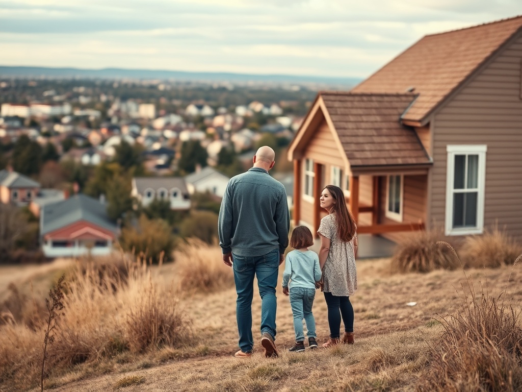 Семья идет по холму к дому, наслаждаясь красивым видом на город вдалеке.