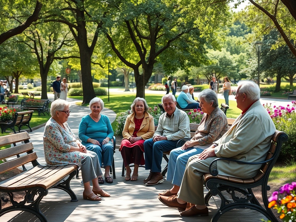 Шесть пожилых людей сидят на скамейках в парке, наслаждаясь общением и солнечным днем.