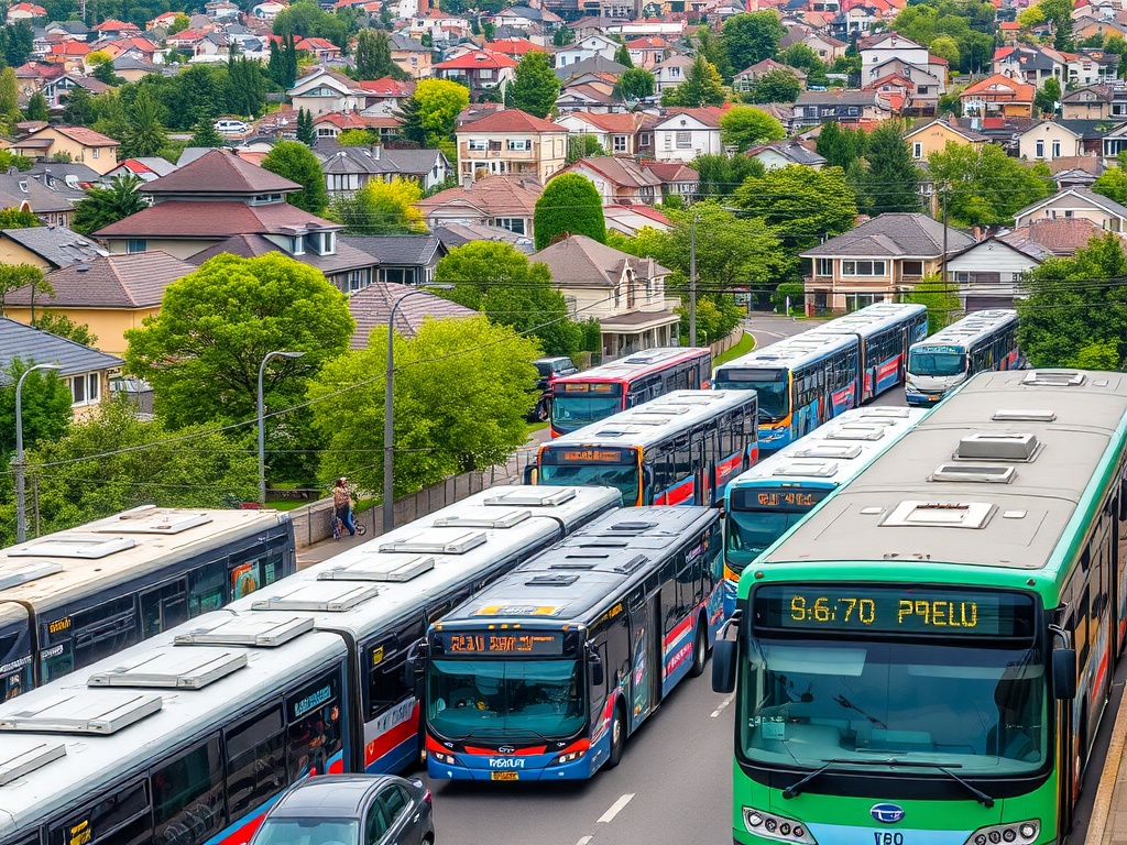 На изображении видно много автобусов на дороге рядом с жилыми домами и зелеными деревьями.