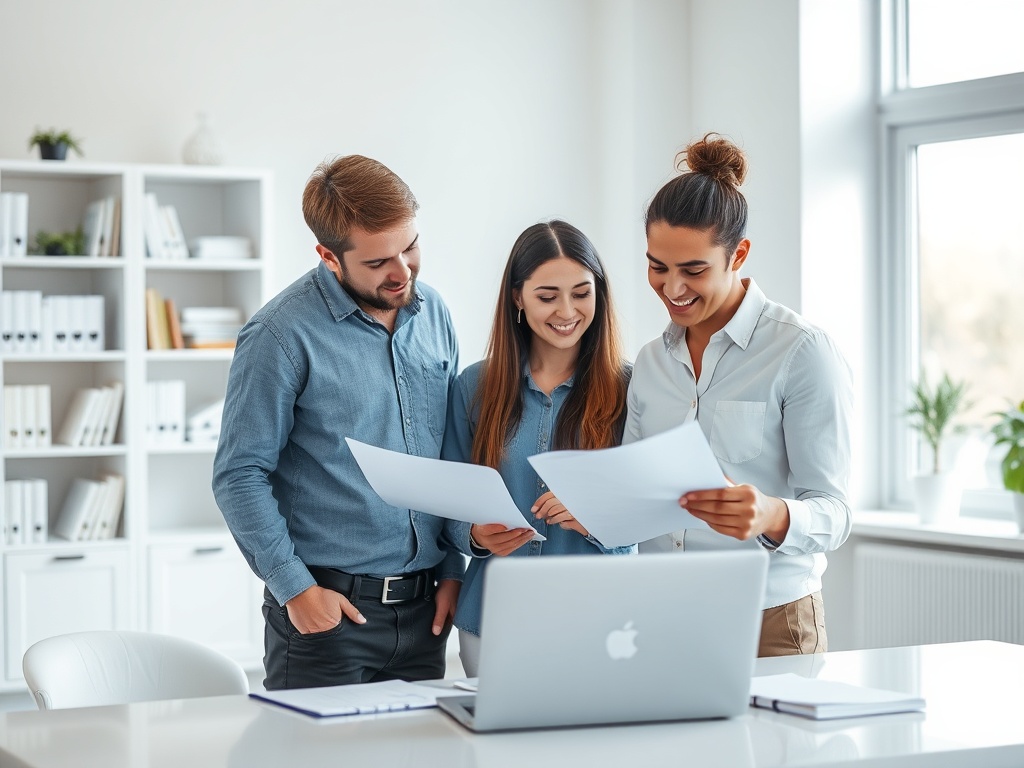Трое молодых профессионалов обсуждают документы в современном офисе рядом с ноутбуком.