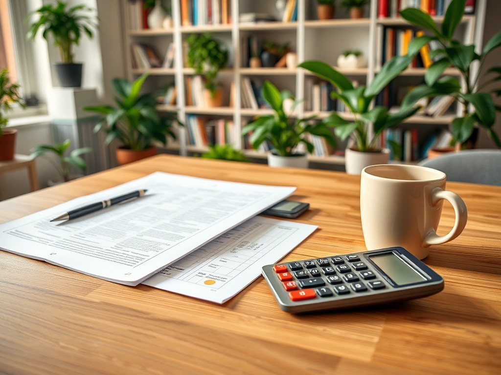 На столе документы, ручка, калькулятор и чашка с кофе, вокруг множество зеленых растений.