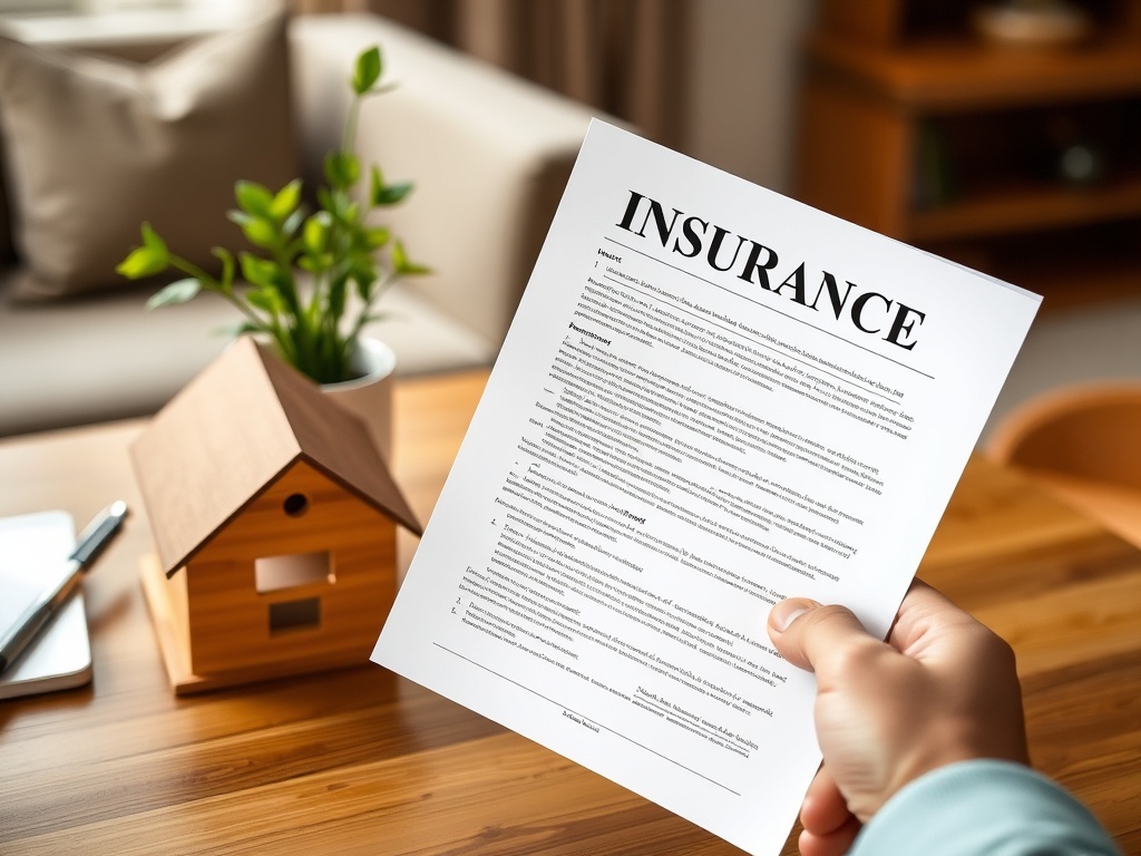Документ о страховании в руке, на фоне мини-домика и растений на столе.