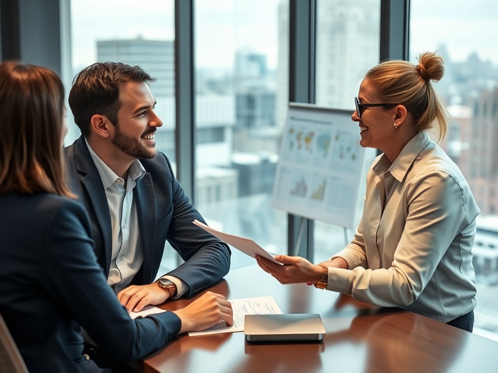 На изображении встреча трех человек в офисе, обсуждающих документы и идеи. Солнечный день, вид на город.